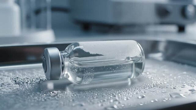 Glass vial with liquid on wet surface emphasizing sleek aesthetics and strong visual impact