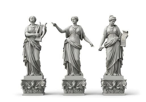 Three classical stone statues of greek goddesses standing on decorative pedestals in a line