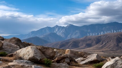 Fototapeta premium A vast dramatic landscape unfolds with rugged mountains under a dynamic blue sky and striking cloud formations