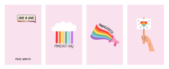 Obraz na płótnie Canvas Set of vertical pride month posters with retro aesthetic rainbow icons. Lgbtq social media story templates with groovy 70s style cloud megaphone and protest sign for inclusive marketing. Vector.