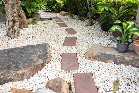 Decorative tropical garden path with white gravel stepping stones flat rocks and lush green plants and trees in Asia