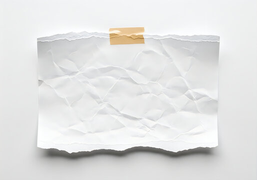 Crumpled white paper with ragged torn edges, securely taped onto a clean white background, a textured blank canvas
