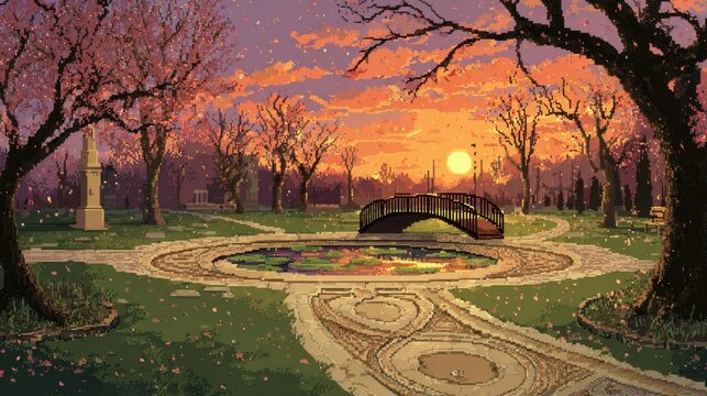 Serene park landscape at sunset with blossoming trees, ornate pathways, and a wooden bridge over a reflective pond