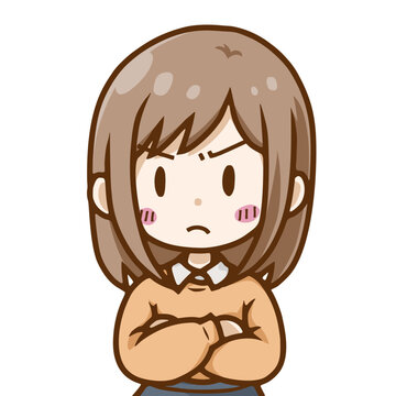 腕を組んで怒る女性・不機嫌なデフォルメイラスト／Angry woman with crossed arms &ndash; cute deformed character vector illustration