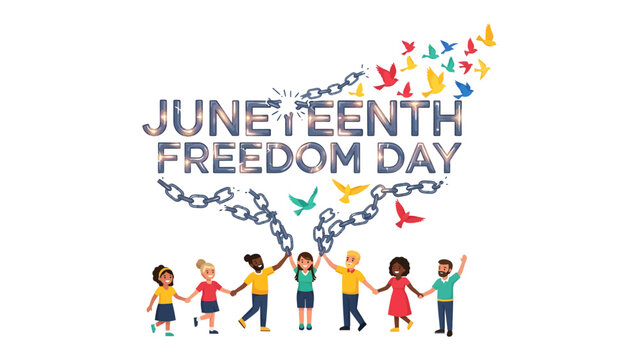 Juneteenth Freedom Day Celebration: Children of diverse backgrounds hold hands in unity, celebrating freedom as broken chains transform into a flock of colorful birds.