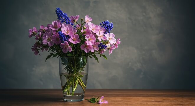 A delicate bouquet of fresh springtime flowers sits in a clear glass vase on a wooden surface, offering natural beauty and subtle color ,aesthetic ,arrangement ,blossom