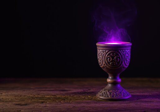 A glowing purple elixir in an ornate ceramic chalice resting on an ancient wooden surface, suggesting mystery and occult science ,potion ,purple ,alchemy