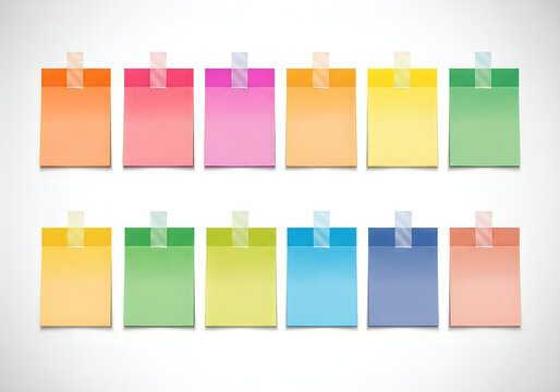 Assortment of vibrant blank adhesive memo notes in a clean grid, secured with transparent tape, for organization and reminders