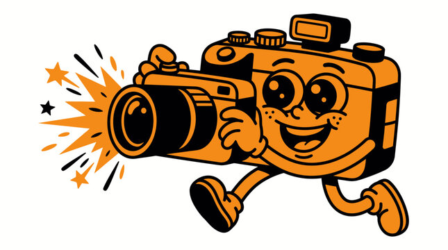 Cartoon camera character running with flash, illustration of a fun, animated camera with a happy face