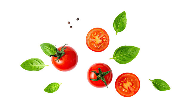 Cherry tomatoes and basil leaves falling on black background top view