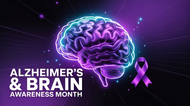 Alzheimers and brain awareness month with purple ribbon and glowing brain, signifying dementia and neurological disease research, support and advocacy, a month for education.