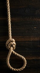 Fototapeta premium A tightly coiled length of thick hemp rope tied into a distinct hangman's knot, isolated against a dark, rough wooden backdrop ,tension ,stress ,symbol