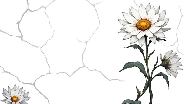 Digital illustration shot from a top down perspective of a floral arrangement with scattered petals and leaves, paired with hand drawn edelweiss flowers in white with golden centers and watercolor det