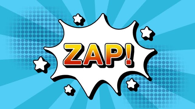 zap text word lettering popup comic cartoon reveal with bomb and smoke explosion manga anime book page dots with radial speed lines doodle sky blue background with seamless loop animation retro