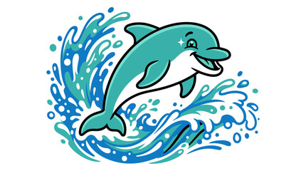 Naklejka premium Cheerful Cartoon Dolphin Leaping from Vibrant Water Splashes - Playful Marine Animal Illustration