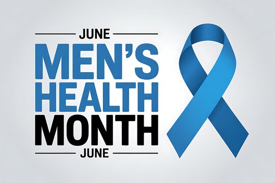 June mens health awareness month with blue ribbon symbol promoting male wellbeing and early detection of health issues for a healthier future.
