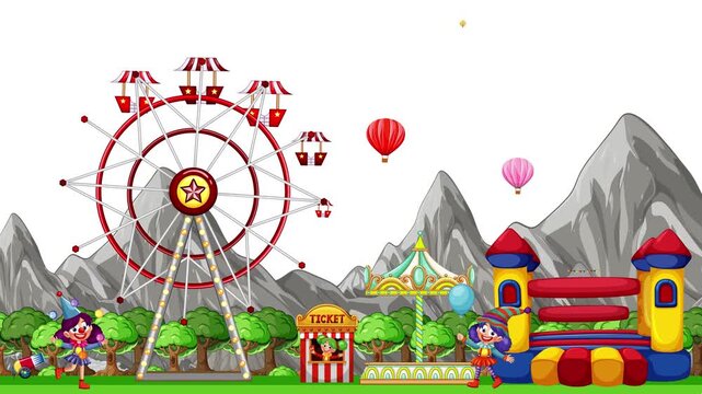 Animated Cartoon Fun Park with Ferris Wheel and Bouncy Castle