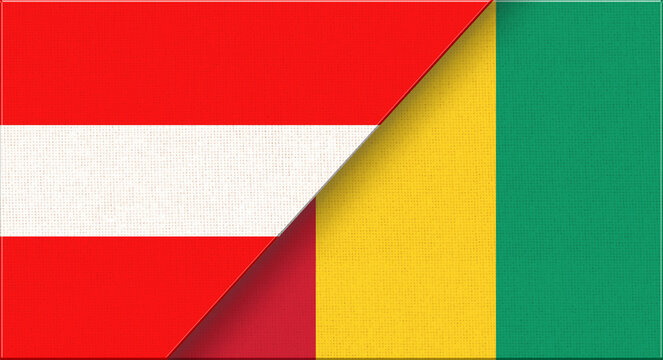Double flag of Austria and Guinea on fabric texture. Flag of Austria and Guinea