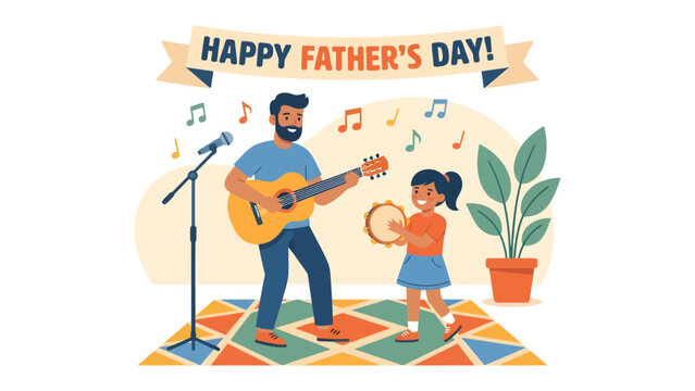 Father's Day Jam Session: A father and daughter share a joyful musical moment, with the father playing the guitar and the daughter shaking a tambourine.