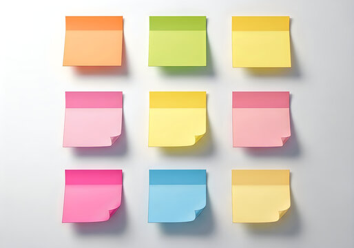 Vibrant collection of colorful blank adhesive memo pads in a grid, ideal for brainstorming, reminders, and daily task management