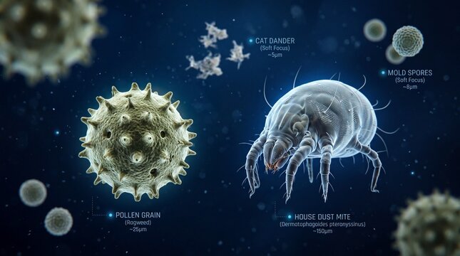 House dust mite and pollen grain visualized with other allergens under microscope