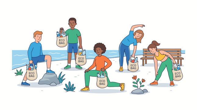 Diverse group of people plogging and cleaning up plastic waste on the beach while exercising