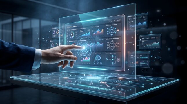 Hand Touching Transparent Screen with Business Analytics Dashboard
