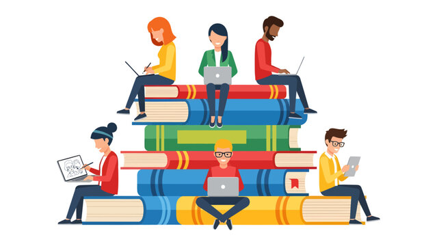 Learning Ecosystem: Diverse individuals are depicted engrossed in learning activities, seated atop a stack of books and engaging with technology like laptops and tablets.