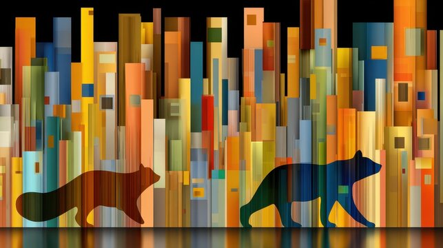 Modern abstract art scene with colorful geometric shapes and animal silhouettes of a bear and a wolf