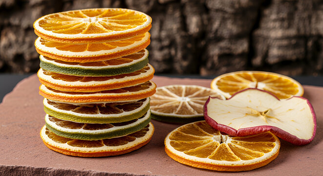 Dried slices of oranges limes and apples arranged on a rustic surface dried fruit slices