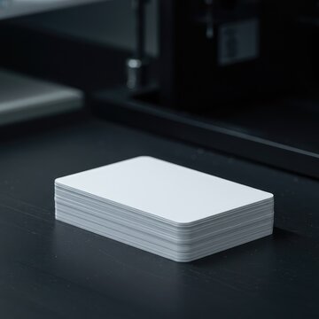 Blank stack of PVC plastic cards ready for printing identity credentials and access control security badges in a manufacturing environment ,corporate ,chip ,stack