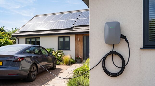 Electric car charging at wallbox near modern house with solar panels in daylight