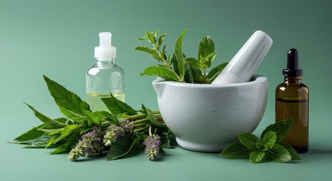 Close up of mortar and pestle crushing lush green botanicals for natural skin treatment remedies and dermatological applications ,dermatology ,plant ,extract