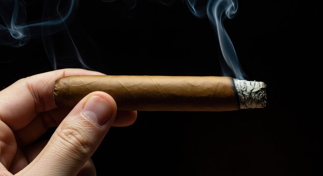 Close-up view of a thick, lit tobacco cigar being held. Wisps of white smoke curl upwards against a dark background, emphasizing relaxation ,relaxation ,success ,traditional
