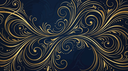 Elegant golden floral swirl pattern on a deep navy blue background © S.Siam
