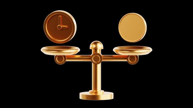 rotating gold balance scale with floating coin and clock token transparent background finance time value