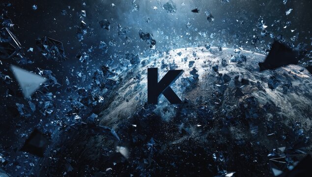 Sci-fi planet exploding with debris and large letter K in space