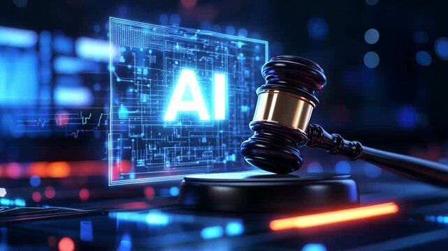 A gavel is placed on a pedestal with a glowing display of artificial intelligence graphics in a digital space