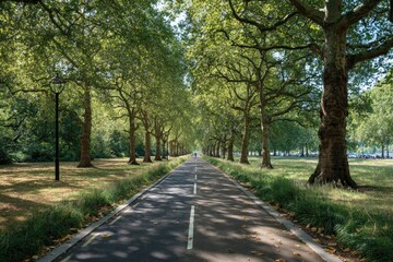Fototapeta premium An endless straight path lined with towering trees, bathed in sunlight