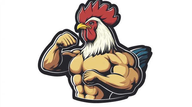 Cartoon rooster with muscles,  strong pose,  illustration,  graphic design