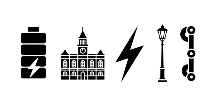Black and white icons of battery building lightning and street lamp on white background