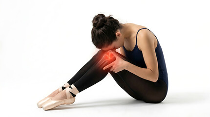 Fototapeta premium Professional Dancer with Knee Pain. Ballerina Leg Injury & Joint Discomfort. Female Athlete Physical Strain & Sports Medicine Concept.
