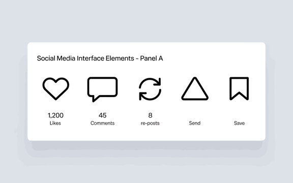 Social media interface elements panel with likes comments reposts icons