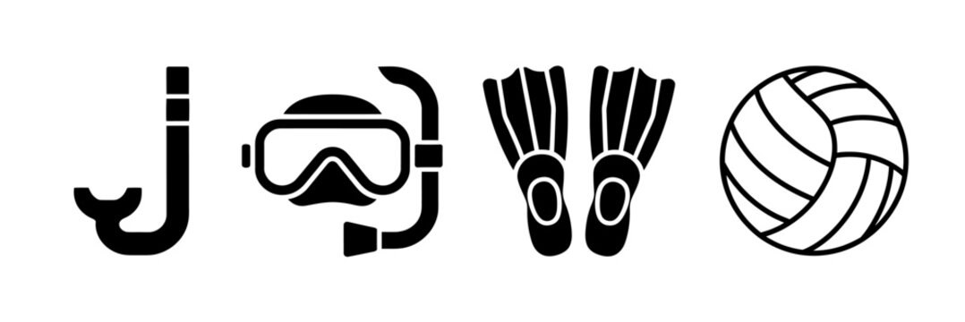 Scuba diving snorkel mask flippers and volleyball icons on white background