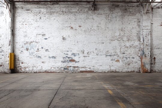 Empty industrial space with weathered white brick wall and concrete floor