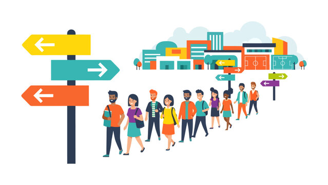 Choosing a Direction: A diverse group of people follows a path marked by directional signs towards a bustling city skyline, symbolizing choice and the journey ahead.