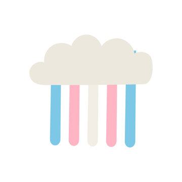 Transgender pride rain cloud with raindrops isolated on white. Minimalist retro aesthetic graphic for trans visibility, LGBTQ pride month weather icons, inclusive social media stickers. Vector.