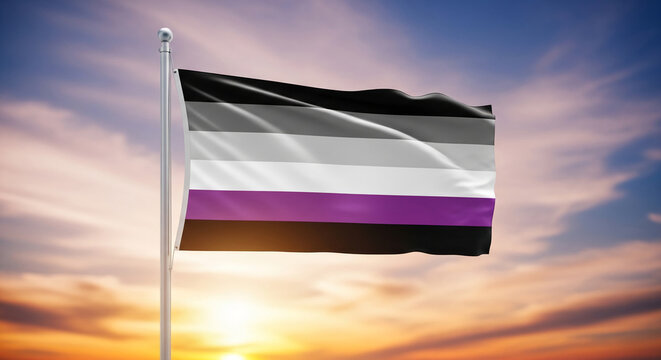 Waving asexual flag against a sunset sky, symbolizing identity, pride, and inclusivity, representing community and belonging