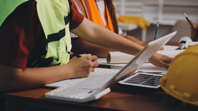 Two engineers are analyzing blueprints and working on a laptop in their office container, discussing the progress of their construction project