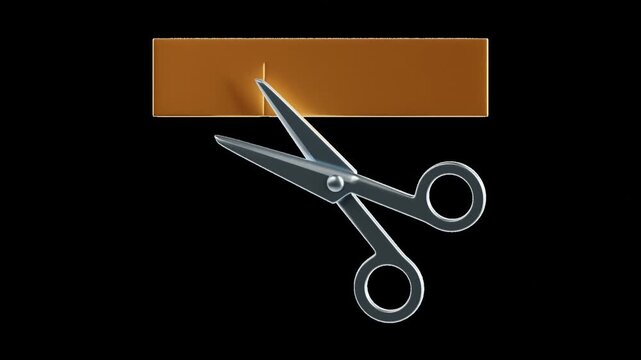 orbiting scissors approaching gold ribbon cutting motion transparent background